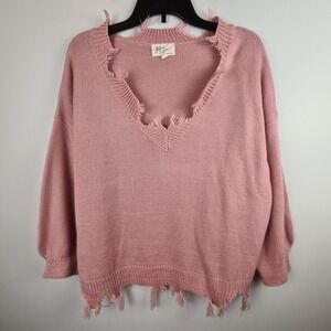 Before You Pink Distressed V-Neck Sweater Fringed Hem Womens Size S Distressed